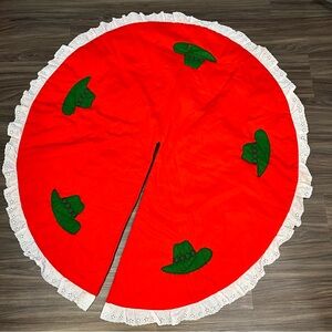 Handmade Red And Green Cowboy Hat Christmas Tree Skirt Ruffle Edge